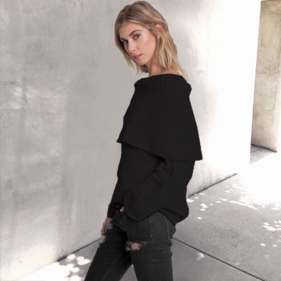 Glamvault Sweaters - Black Chunky Knit Fold Over Sweater